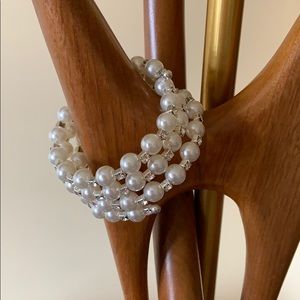 Simulated pearl and rhinestone bracelet.